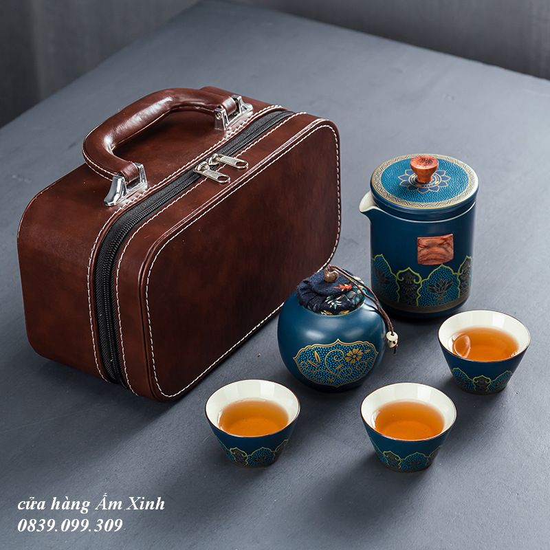 Bộ ấm chén pha trà du lịch, kèm vali da sang trọng
