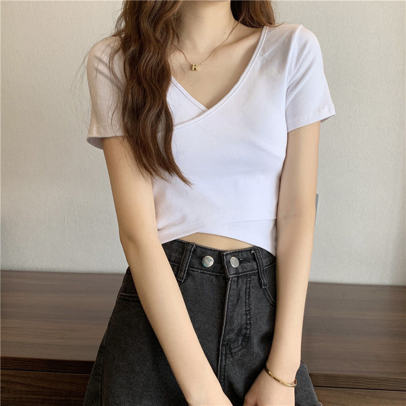 MS31 Áo thun nữ trơn vạt chéo croptop hở eo