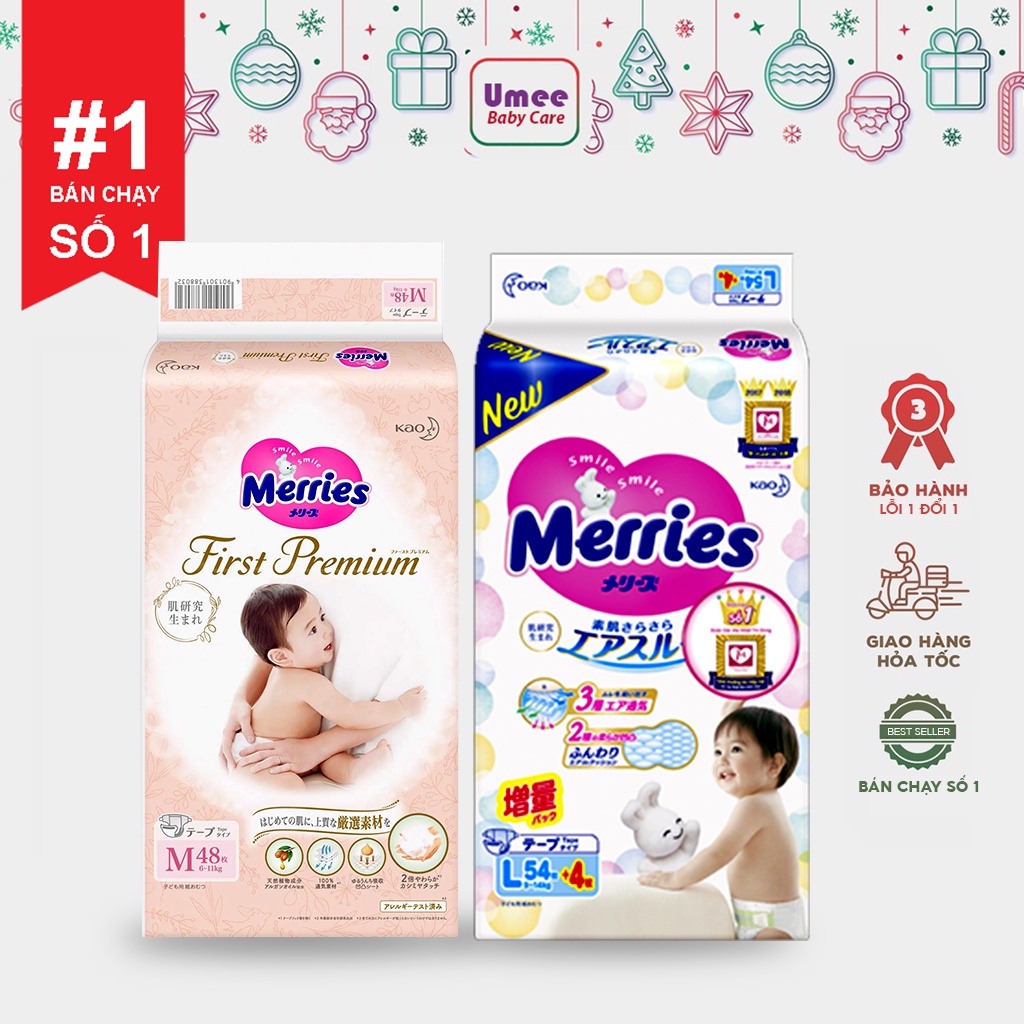 Tã Bỉm Merries Cộng Miếng - Tã Merries First Premium - Size Dán/Quần NB96/S88/M68/M64/L58/L50/XL44