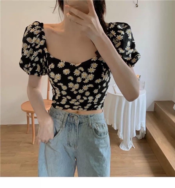Áo Croptop Cúc Hoạ Mi Tay Bồng