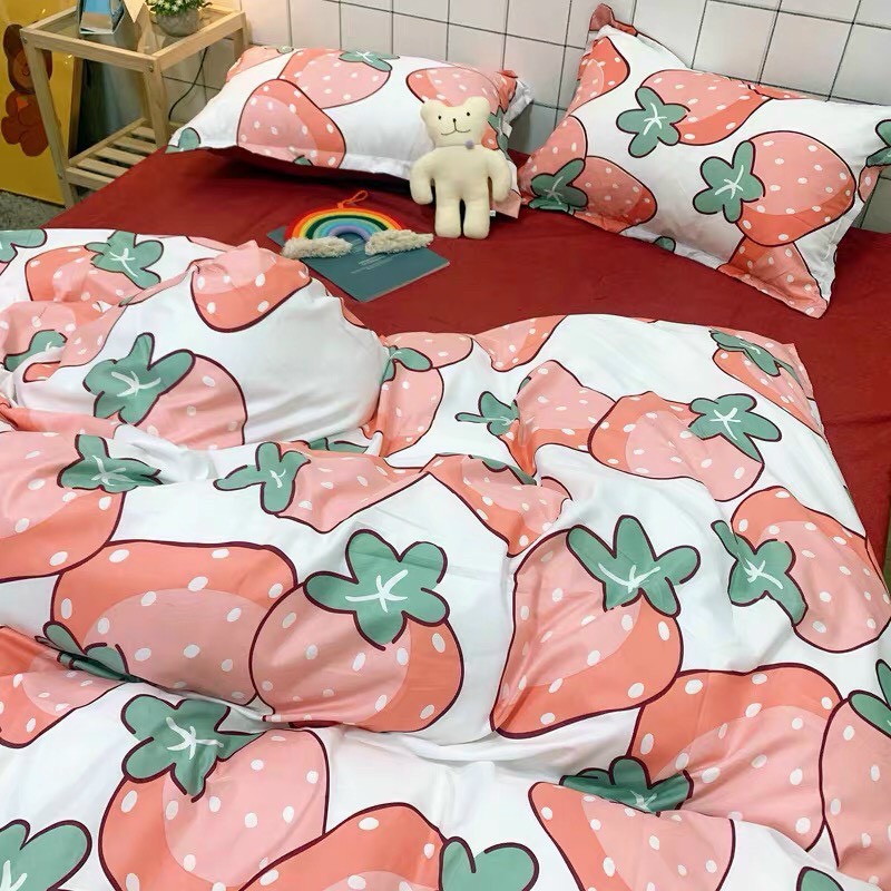 Trọn bộ 4 món cotton poly nhập mẫu quả dâu đỏ