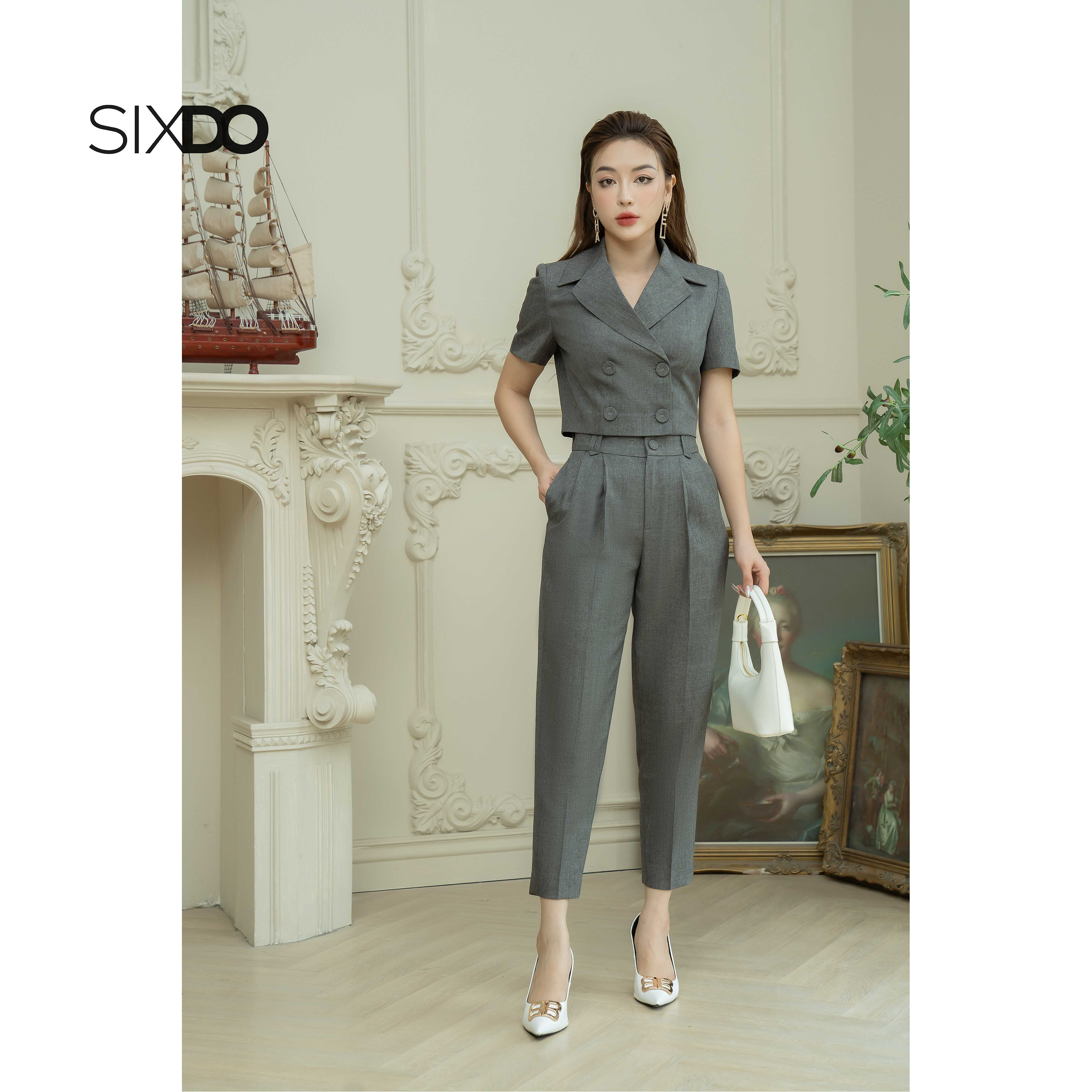 Áo vest nữ dáng lửng cộc tay SIXDO (Gray Brown Cropped Raw Vest)
