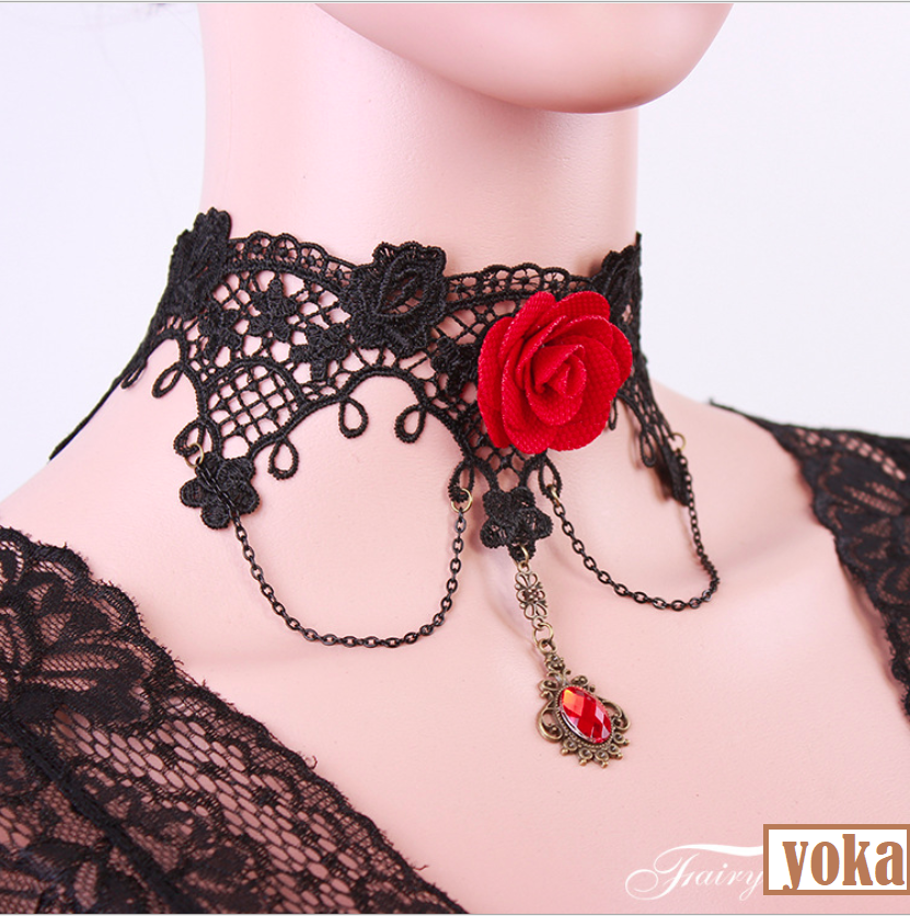 [HCM]Vòng cổ choker ren đen bông hồng đỏ phá cách