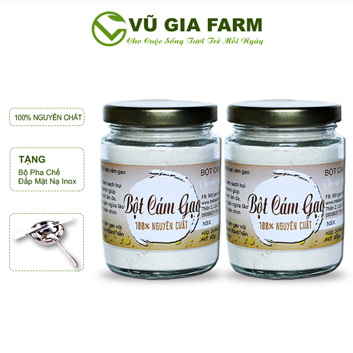 Combo 2 Bột Cám Gạo Nguyên Chất Vũ Gia (100g/hũ) + Tặng Bộ Đắp Mặt Nạ Inox - Rửa mặt sạch da, giữ ẩm lâu, loại bỏ nhờn, đánh bay mụn ẩn - Đã được kiểm nghiệm y tế
