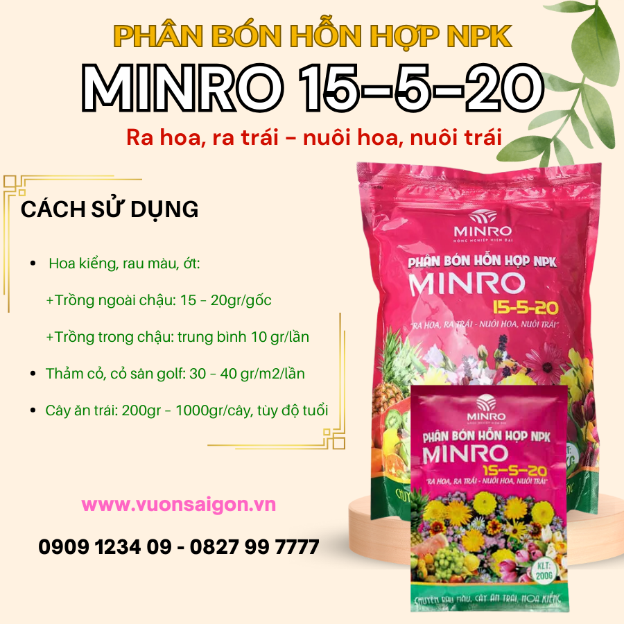 Phân bón hỗn hợp NPK MINRO 15-5-20 Tím (1kg) nuôi dưỡng siêu hoa trái (Vườn Sài Gòn - Vuon Sai Gon)