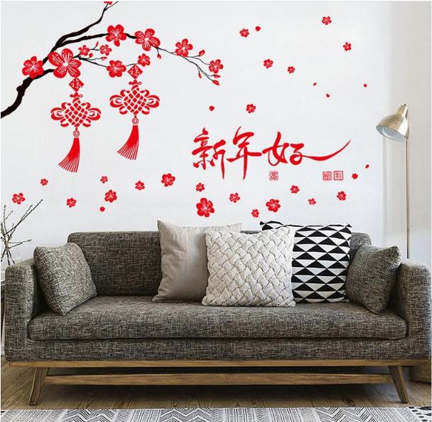 Decal trang trí tết - cành mai treo dây kết đồng tâm đỏ