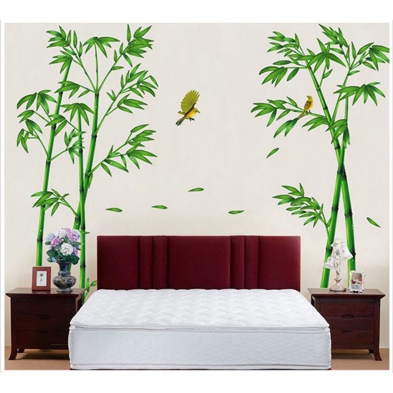 Decal dán tường trúc và sen hồng