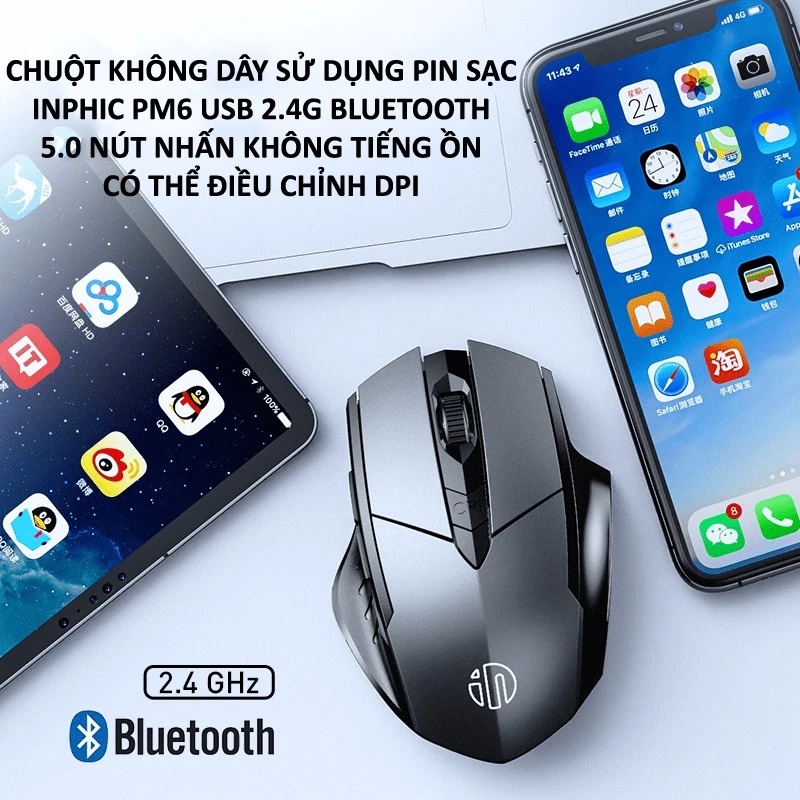 Chuột không dây inphic pm6 / pm6bs sử dụng pin sạc kết nối bằng usb 2.4g, bluetooth 5.0 với nút nhấn silent không tiếng ồn - nk