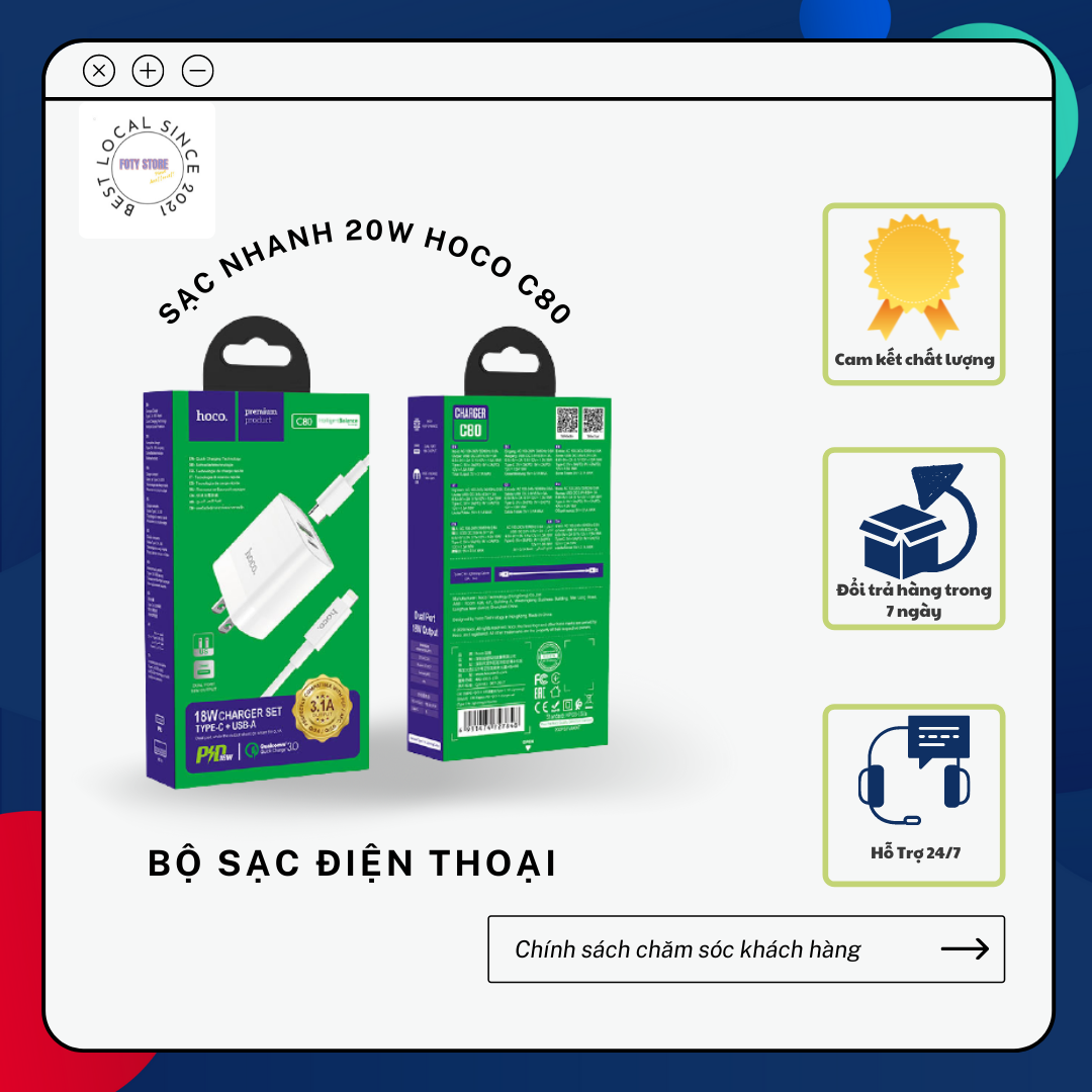 Bộ Củ Sạc Hoco C80 Type C/Lightning - Hỗ trợ sạc nhanh QC3.0