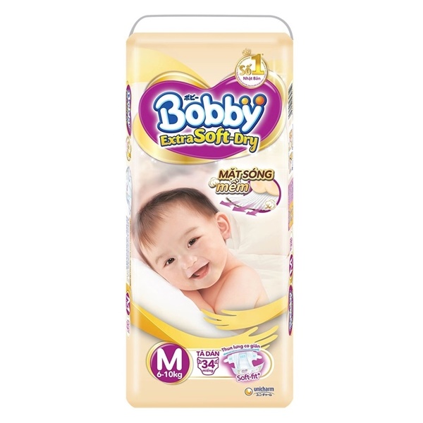 [HCM]Tã Dán Bobby Extra Soft-Dry 34 Miếng Size M (Cho Bé 6-10kg)