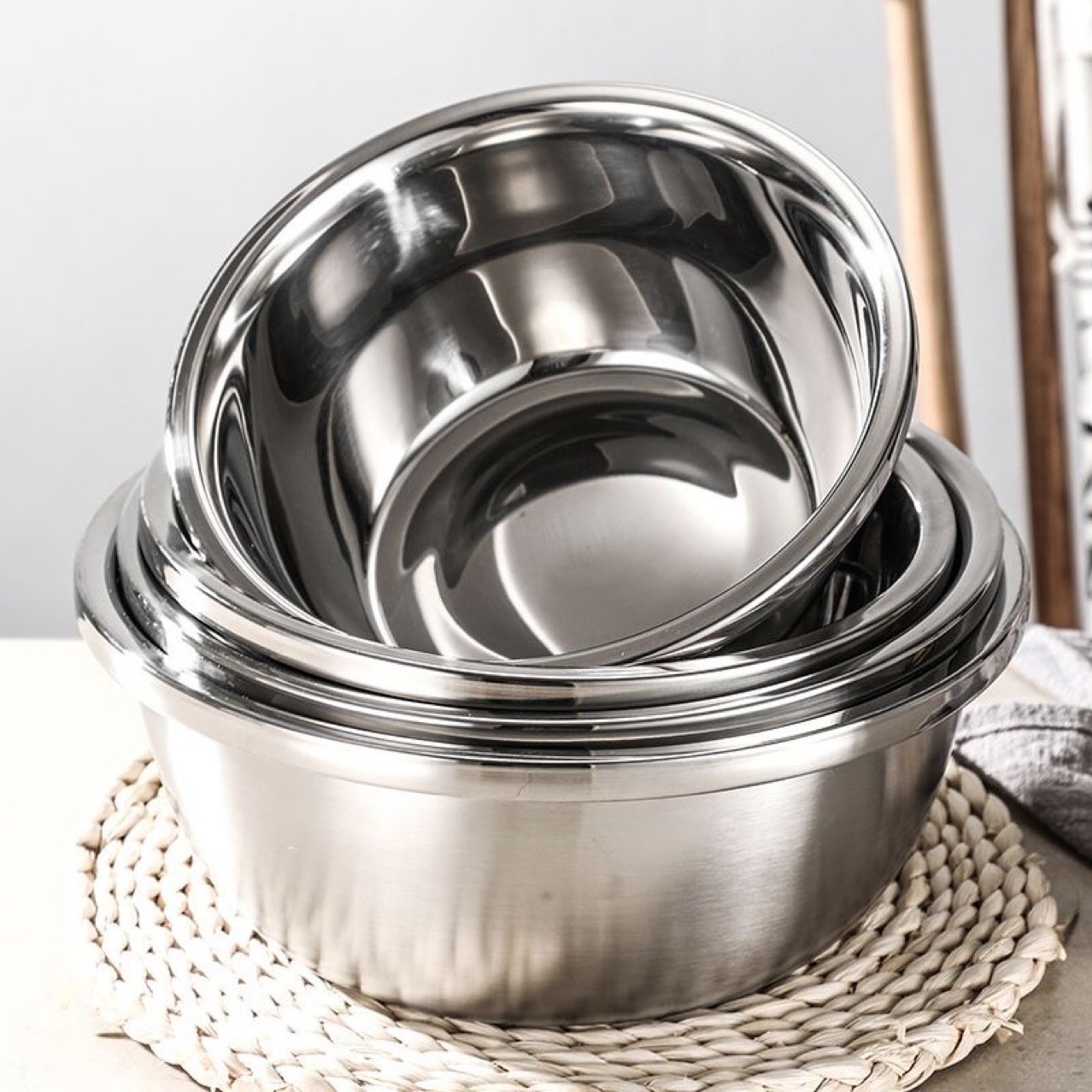 Bộ 3 thau inox 304 cao cấp . thau inox sáng bóng, vành rộng, lòng sâu