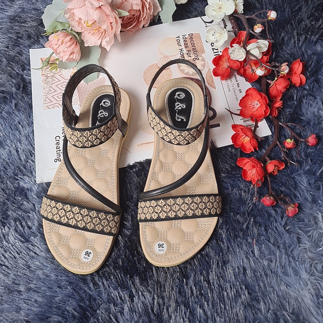 Giày sandal nữ học sinh quai ngang đế bệt, dép quai hậu họa tiết hoa thổ cẩm êm chân thời trang phong cách