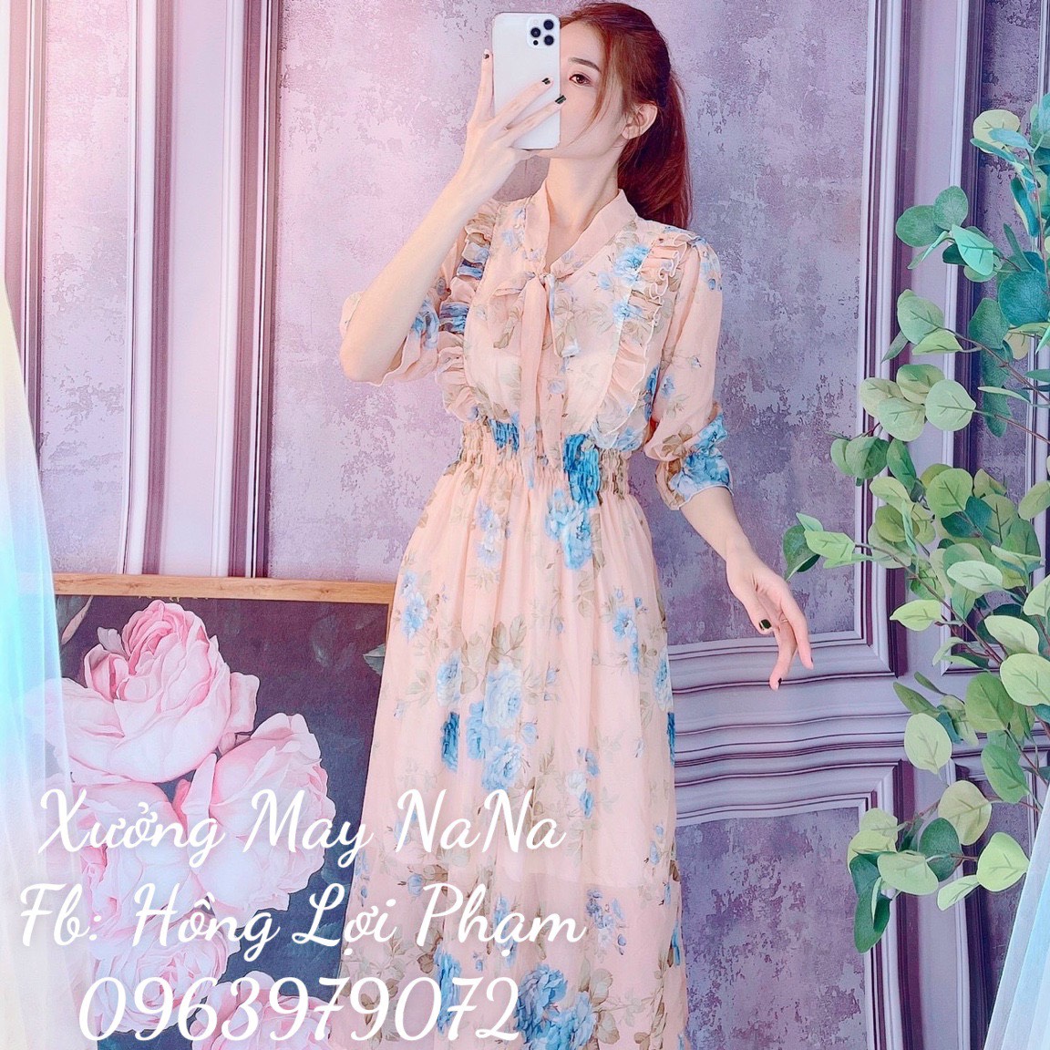 Đầm hoa nhí cột nơ tiểu thư  -video+hình thật