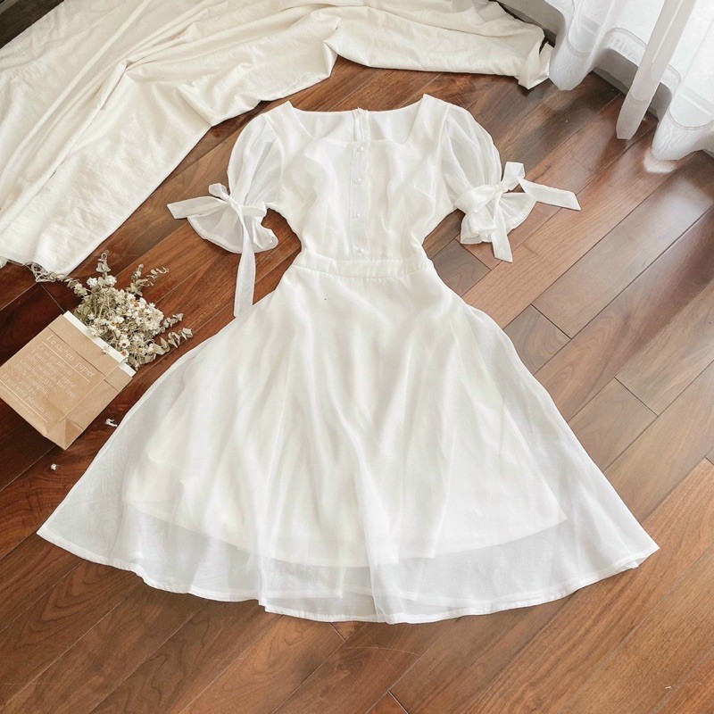 Đầm cổ vuông tay nơ 2 màu