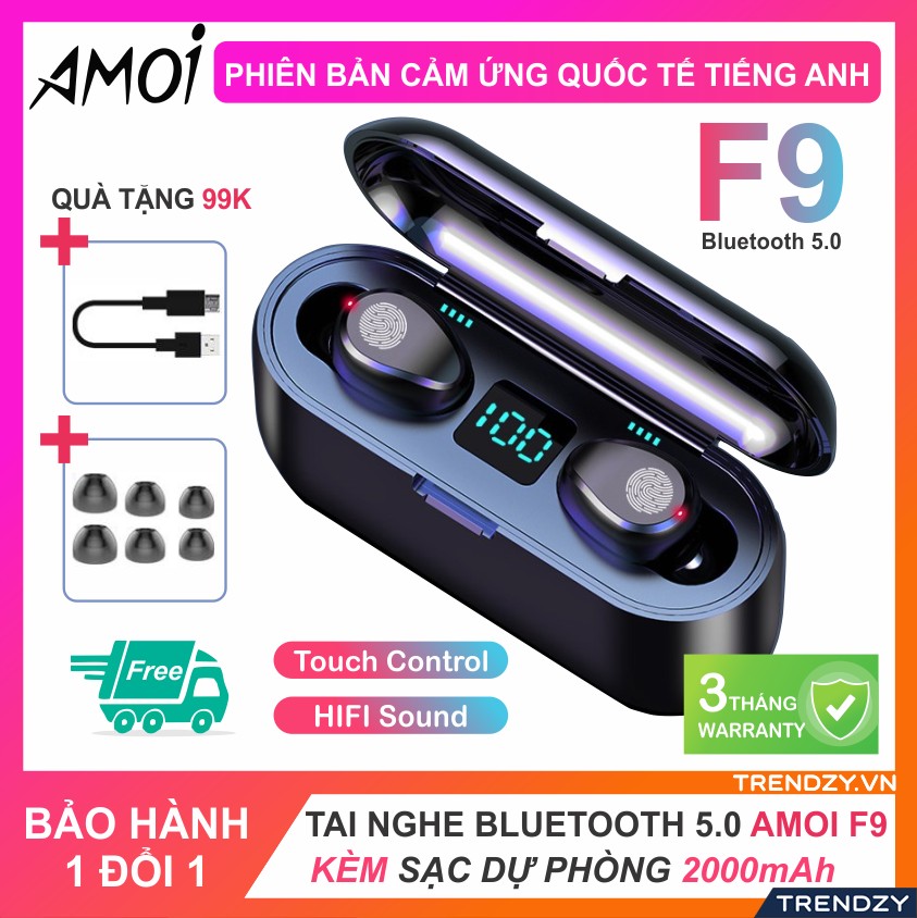 Tai nghe Bluetooth không dây cao cấp F9-34  V5.0 có mic đàm thoại cảm ứng vân tay tặng kèm dock sạc