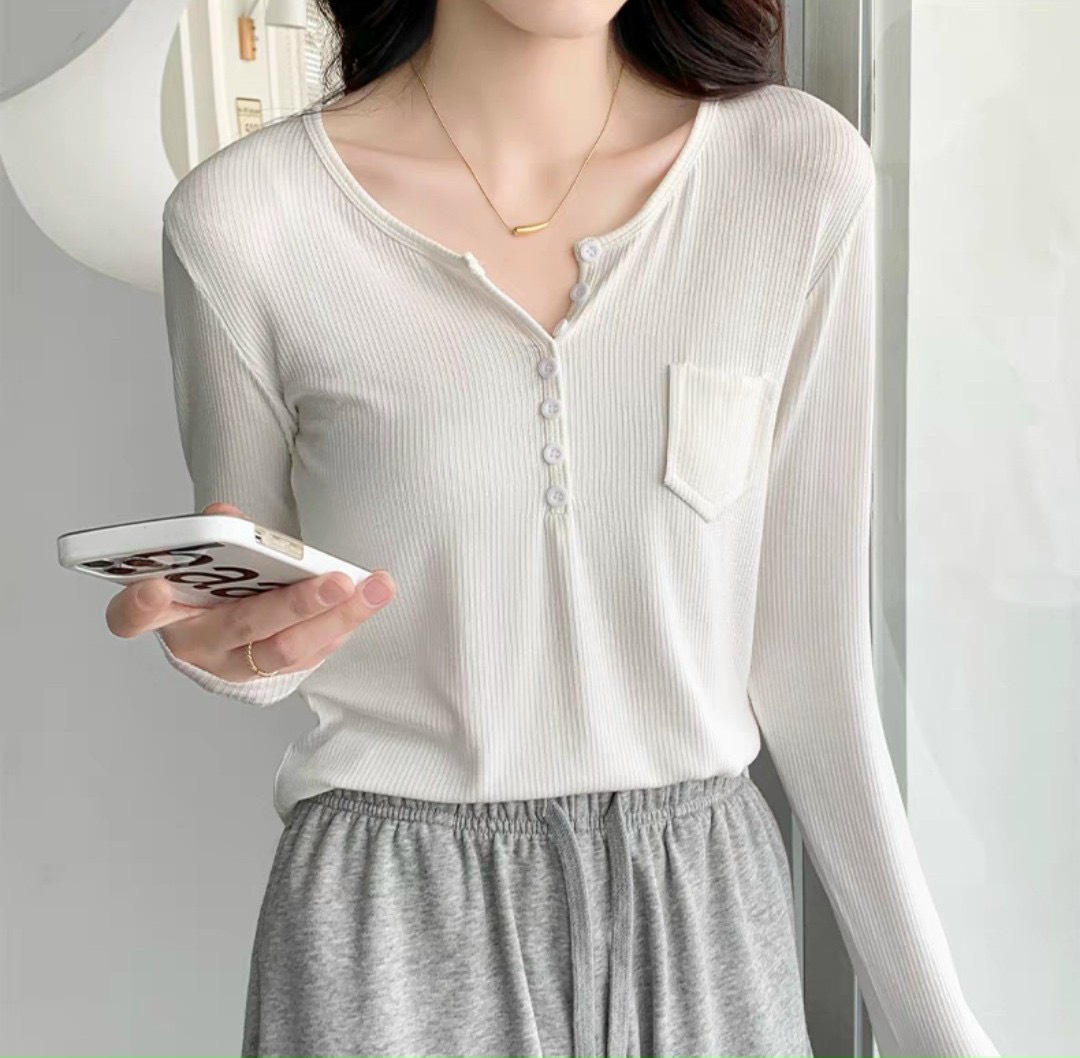 Áo thun gân tay dài cổ v vạt bầu freesize thun co dãn thấm hút mồ hôi màu trắng, đen, xanh mẫu mới bán chạy giá rẻ siêu hot quần áo thời trang giá kho sỉ