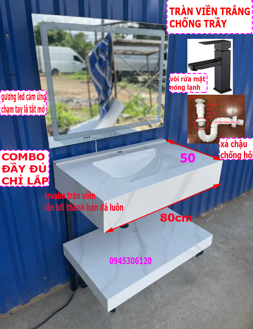 BÀN ĐÁ TRÀN VIỀN Combo chậu lavabo rửa mặt kèm bàn đá âm 2 tầng chống trầy chống thấm và gương led cảm ứng, có vòi lavabo nóng lạnh có xả lavabo