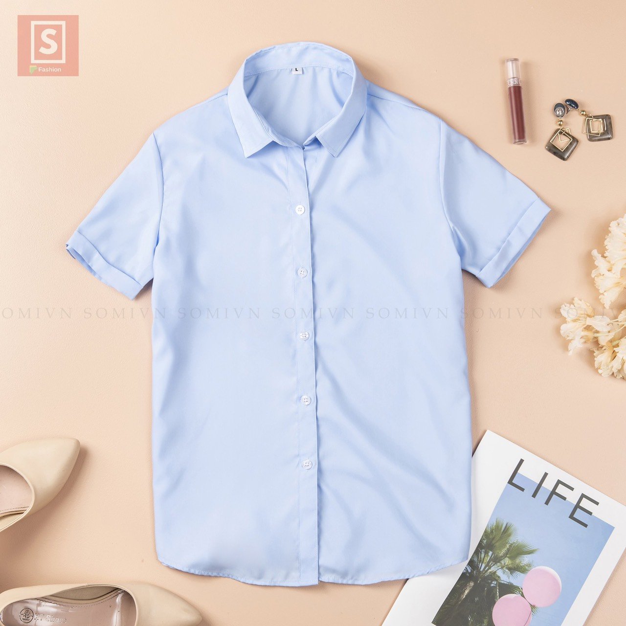 Áo Sơ Mi Nữ Ngắn Tay Công Sở Basic Xanh Nhạt