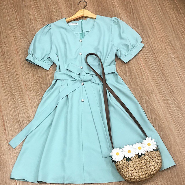 Đầm mint nút ngọc thắt nơ