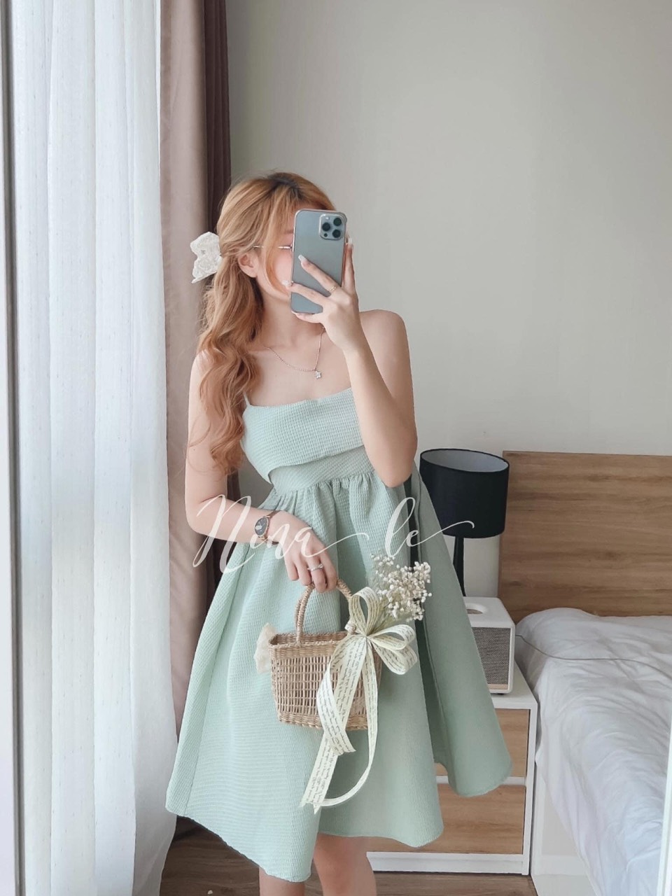 Đầm babydoll nơ 2 dây cột nơ lưng form bồng siêu đáng yêu kèm ảnh thật