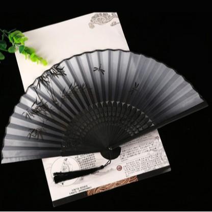 Quạt xám trúc quạt xếp cổ đại dây tuyến cầm tay quạt trúc cổ in họa tiết trang trí