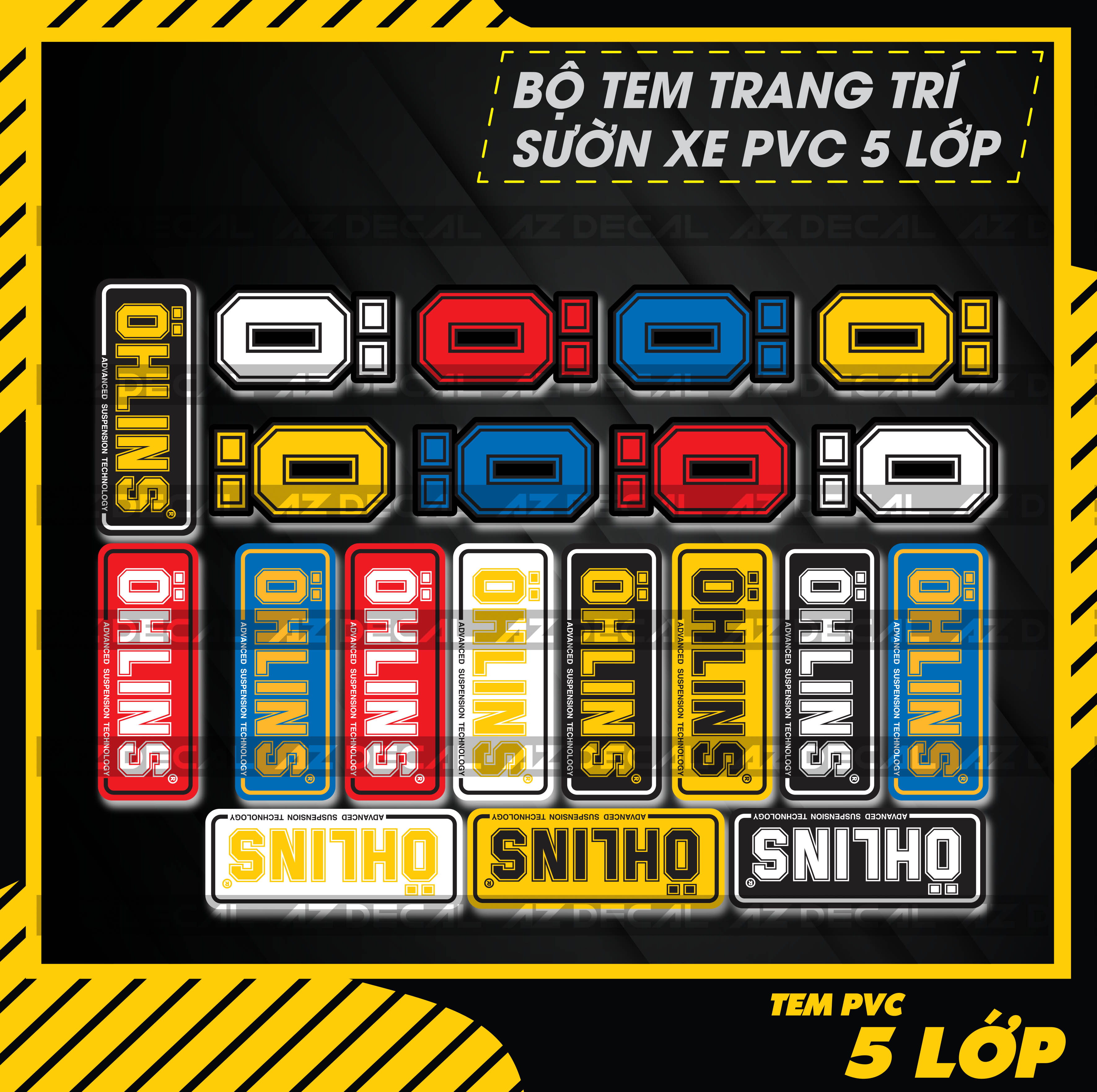 Tem dán phuộc xe ohlins 2 nguyên bộ | decal dán phuộc xe chống nước, bền màu, bám dính chắc | azdecal
