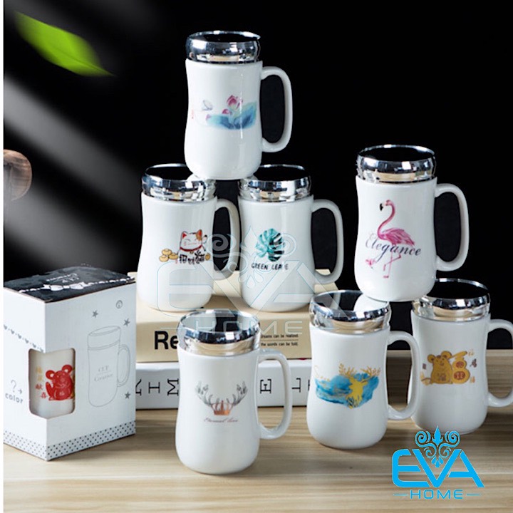 [HCM]Ly Cốc Sứ Quai Cầm Nắp Tráng Gương In Hình Ngộ Nghĩnh M1653