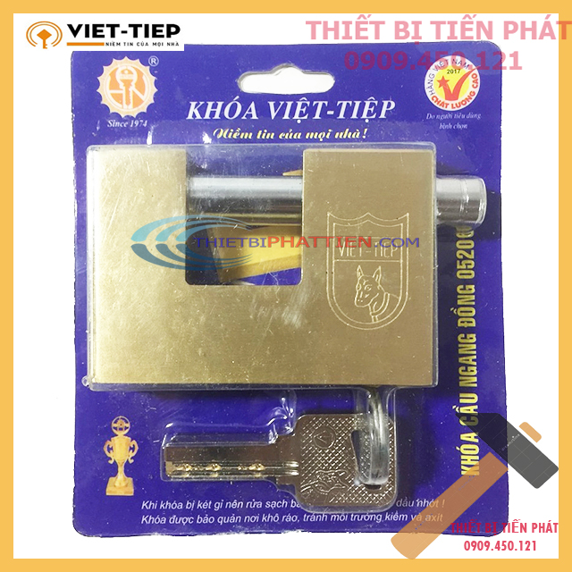 Ổ Khóa Cửa VIỆT TIỆP Cầu Ngang 05206 Đồng Thau 76x53mm Ống Phi 12mm (Chính Hãng)