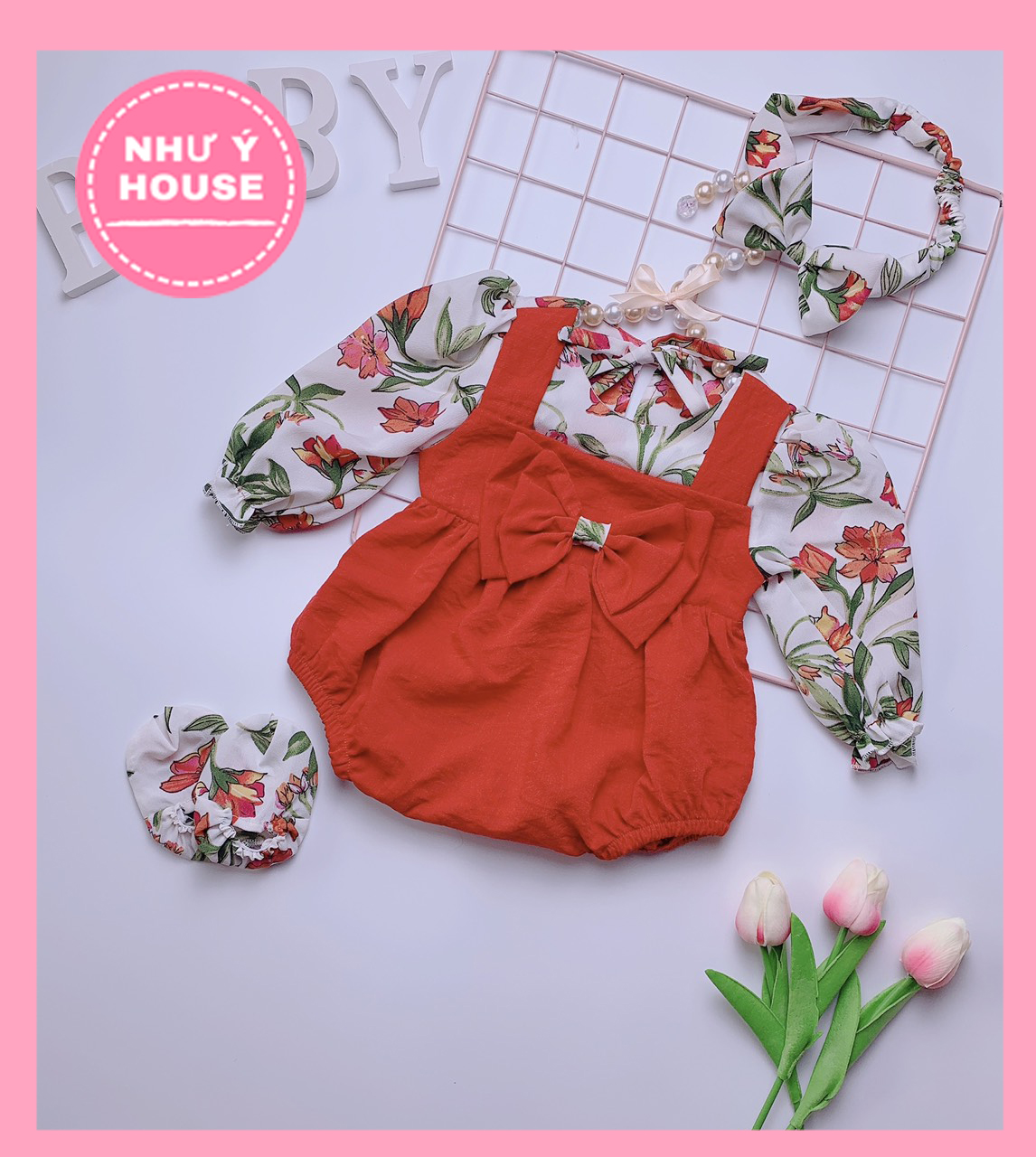 Body bé gái ❣️ [𝑻𝑨̣̆𝑵𝑮 𝑲𝑬̀𝑴 𝑻𝑼𝑹𝑩𝑨𝑵 ] ❣️ Như Ý House - bodysuit màu đỏ họa tiết hoa cho bé gái từ 4-13 kg