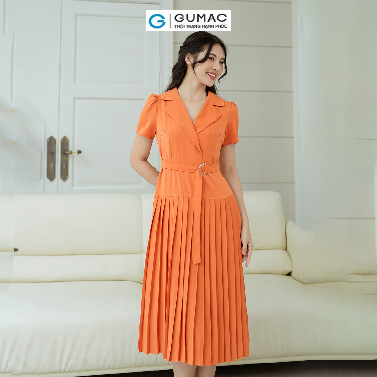 Đầm nữ dáng A cổ danton GUMAC DD08016 dập ly, eo phối dây khoen kiểu