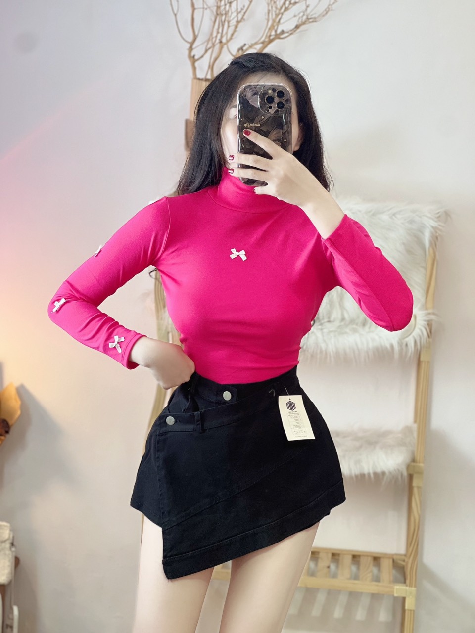 [HCM]SĂN NGAY DEAL HỜI- SET ÁO THUN CỔ LỌ ĐÍNH NƠ TAY DÀI CHÂN VÁY KAKI ĐẮP CHÉO -ẢNH THẬT BAO GIÁ SÀN TU