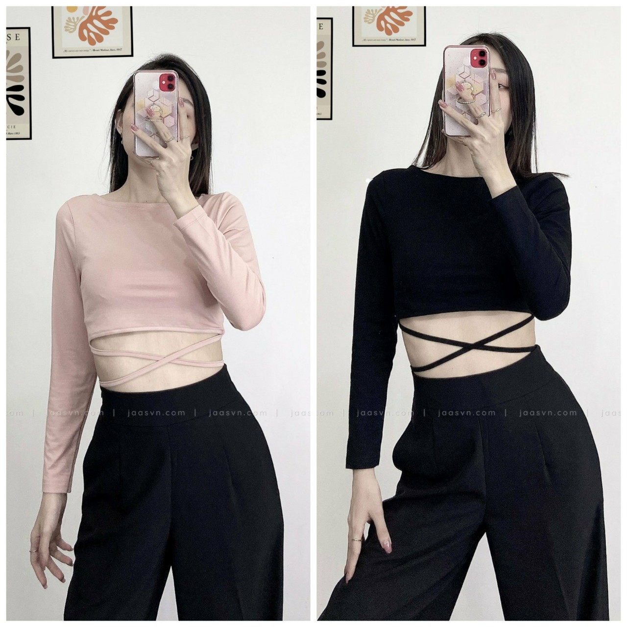 [HCM]Áo croptop tay dài thắt dây eo cá tính