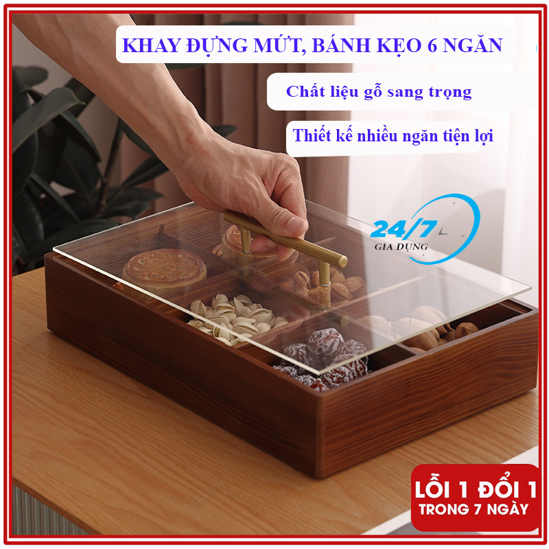 Khay mứt gỗ 6 hũ cao cấp, hũ đựng bánh kẹo, các loại hạt ngày tết cổ truyền 2024, hộp đựng bánh kẹo hoa qủa, khay mứt tết 6 ngăn bằng gỗ, khay đựng mứt - giadungbv247