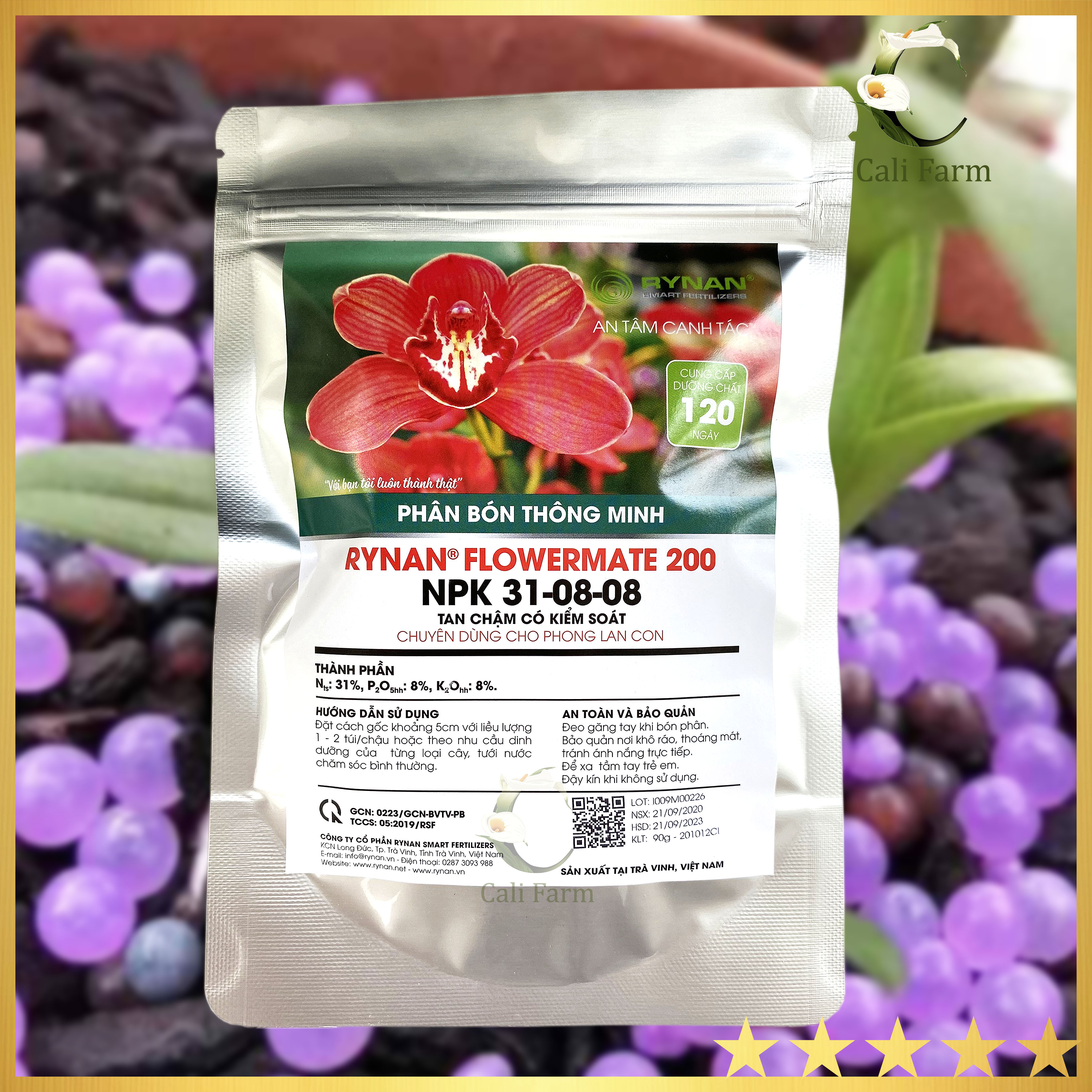 Phân Tan Chậm RYNAN 200 NPK 31-08-08 dạng túi lưới dùng Phong Lan Con (Gói 90gr)