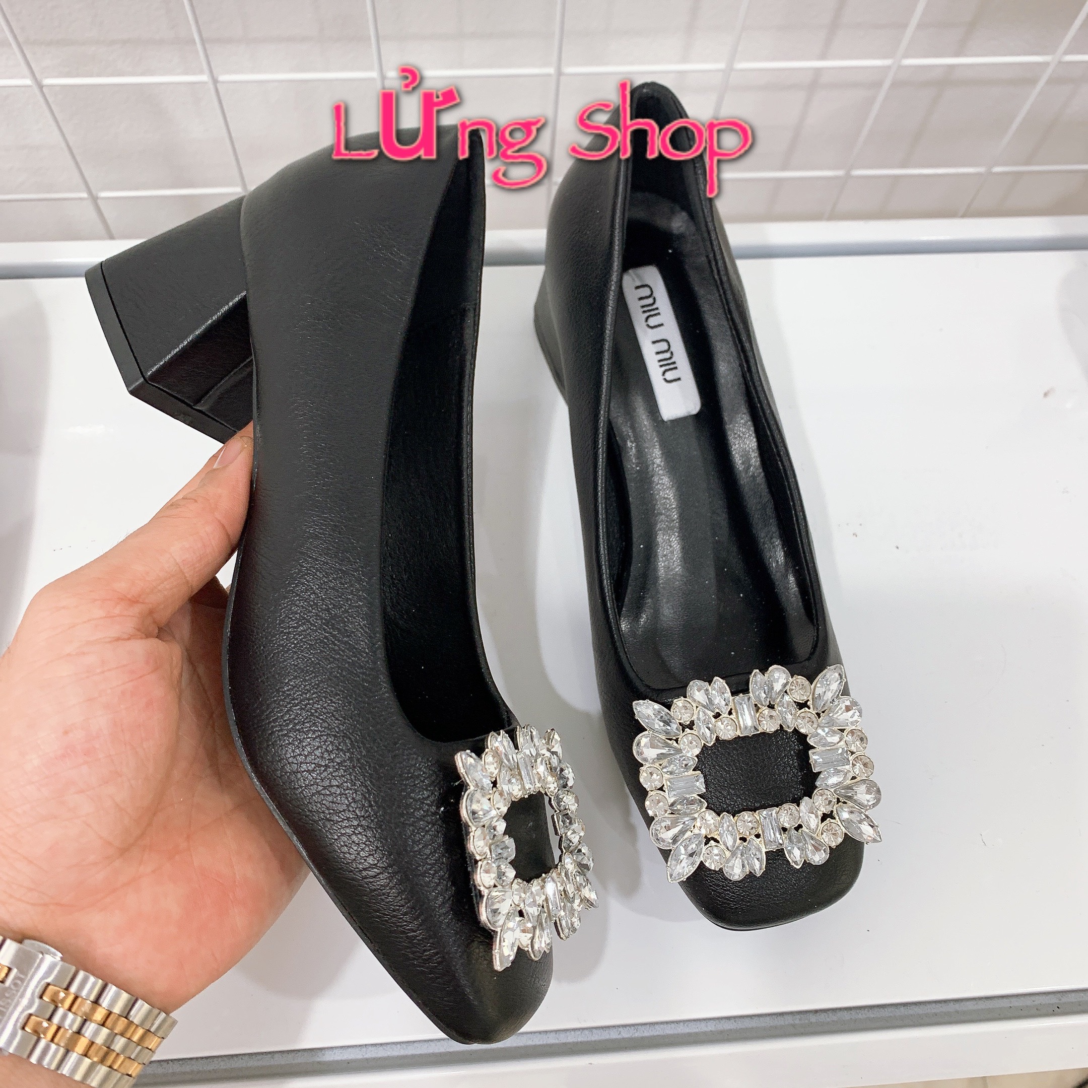 giày cao gót đính đá chất da mềm đế vuông 5cm mã DV t4