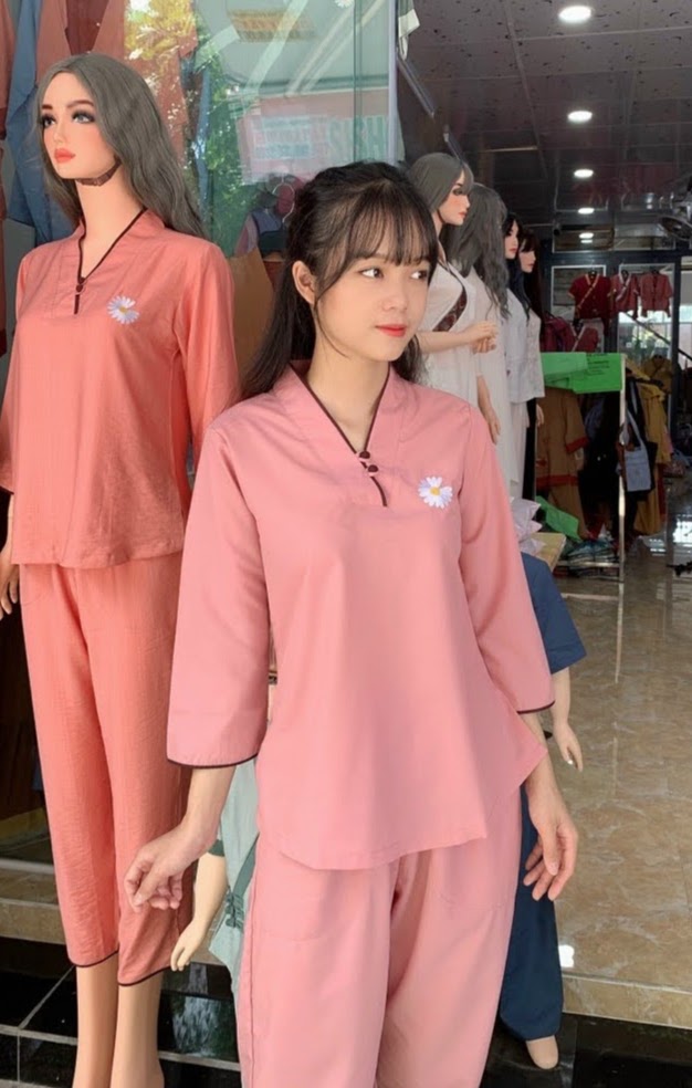 Đồ lam đi chùa nữ vải kate Mẫu hoa cúc