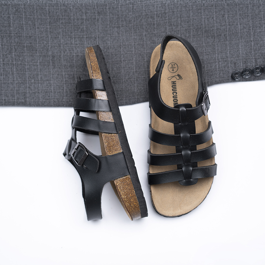 Giày Sandal đế trấu unisex chiến binh da pu đen