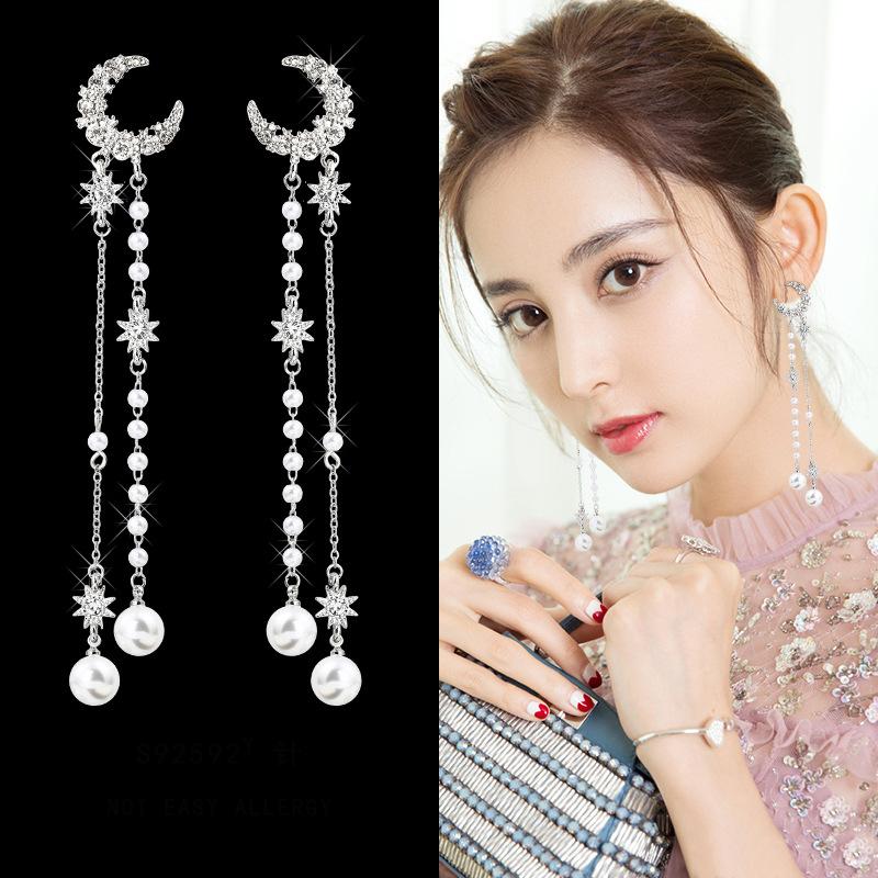 [HCM]Bông Tai Mặt Trăng Ngọc Trai Dài Tua Rua Sang Trọng Quí Phái BTMOONPEARLTUARUA02