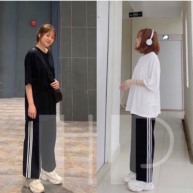 Sét áo thụng trơn + quần ống rộng 3 sọc TMN876, Áo thun nam nữ, quần kaki, quần nữ, sét bộ mặc ở nhà, áo thun tay dài, quần jean ống rộng - LEEDA