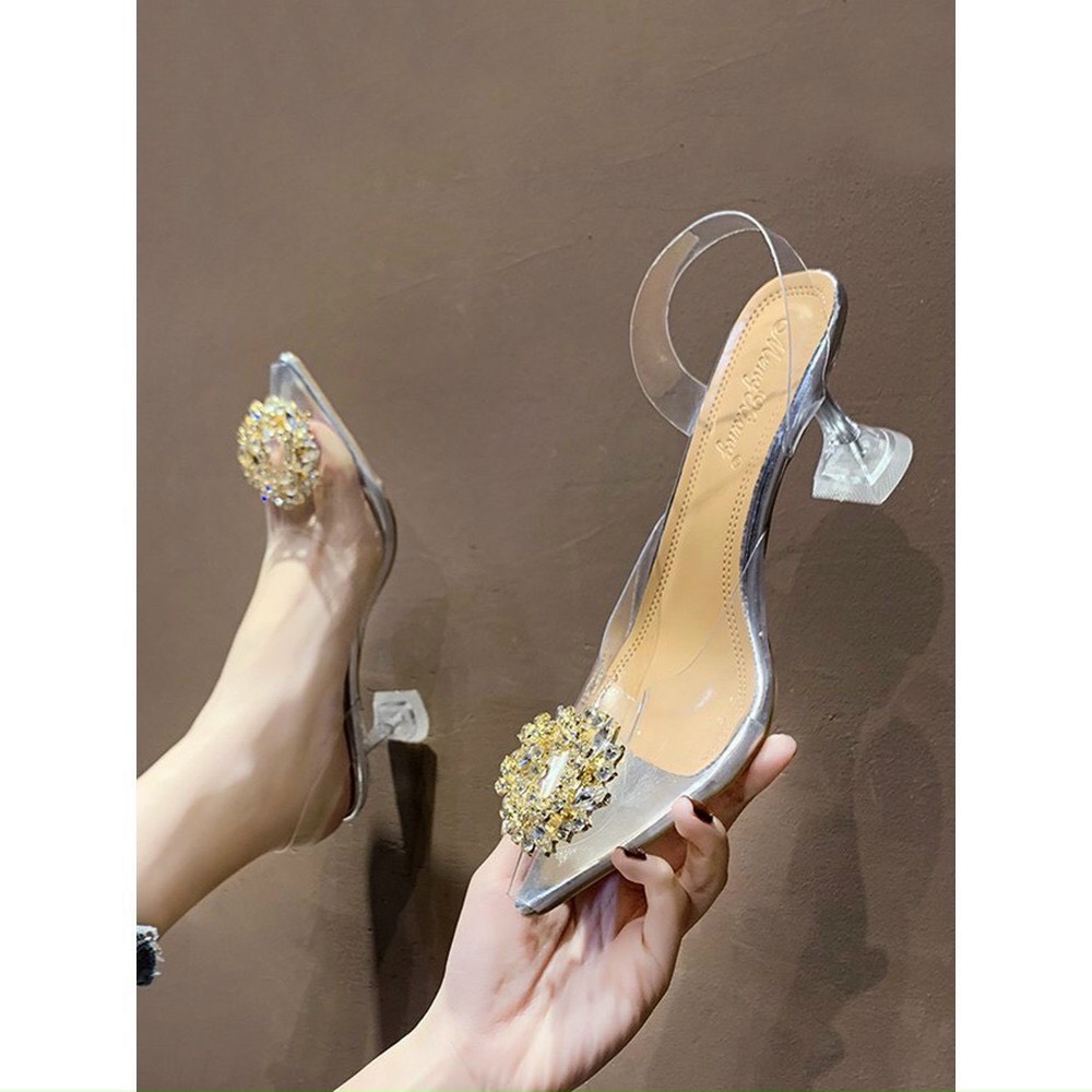Giày cao gót nữ phối hoa đá gót 7cm cao cấp