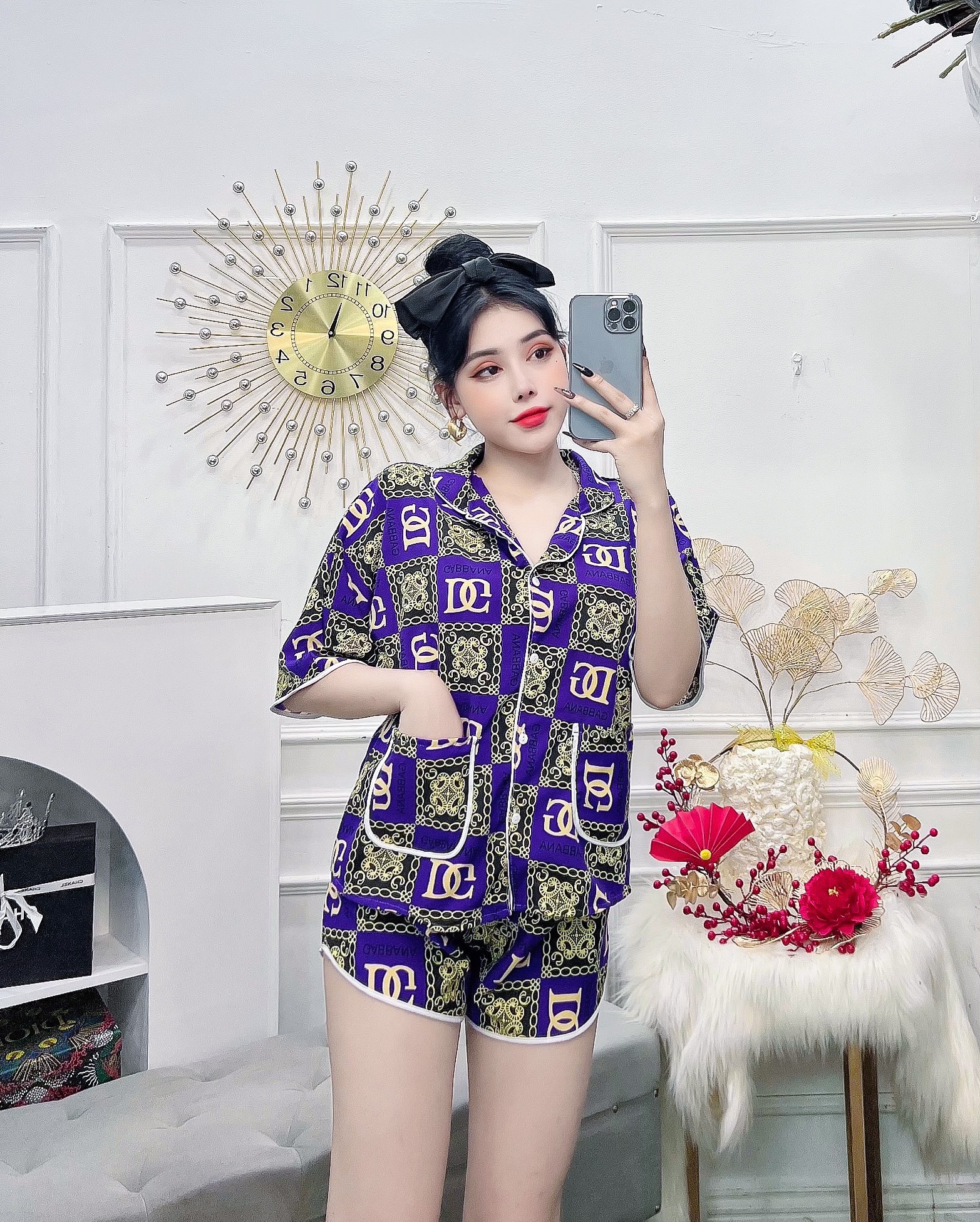 Đồ Ngủ Bijama Đùi Tay Ngắn , Đồ Ngủ cao cấp mềm mại xinh xắn vải Lụa Hàn
