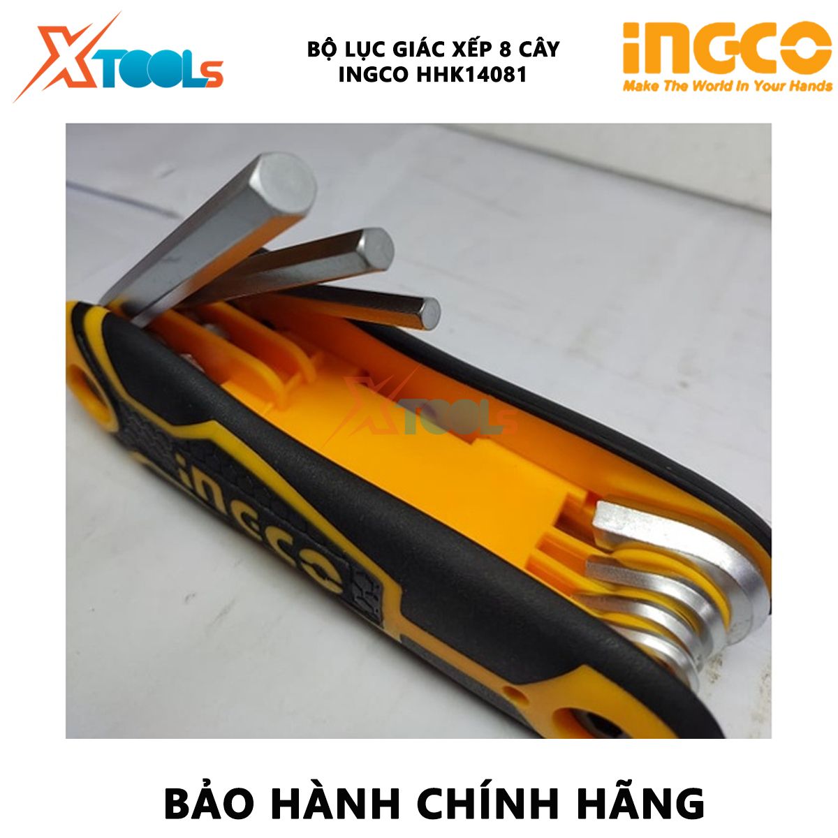 Bộ lục giác đầu bằng xếp 8 cây INGCO HHK14081 Bộ chìa khóa lục giác Kích thước 2-8mm Chất liệu Cr-V mở bulong, đai ốc XTOOLs