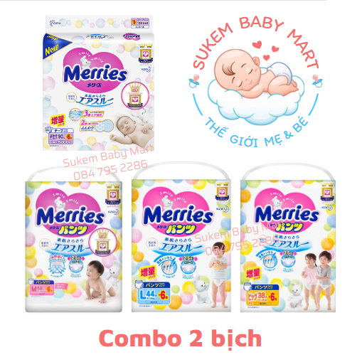 Combo 2 bịch bỉm merries nội địa cộng miếng dán/ quần các size nb96/s88/m68/m64/l58/l50/xl44/xxl28