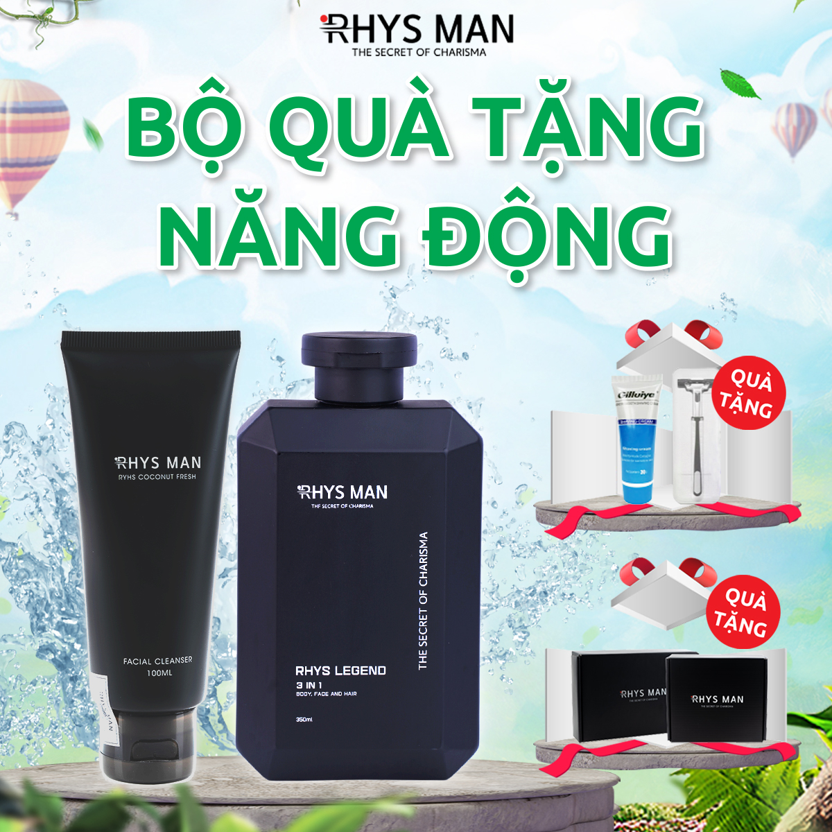 Combo sữa tắm gội nam Rhys Legend hương nước hoa 350 ml & Sữa rửa mặt hương dừa Rhys Coconut Fresh 100ml