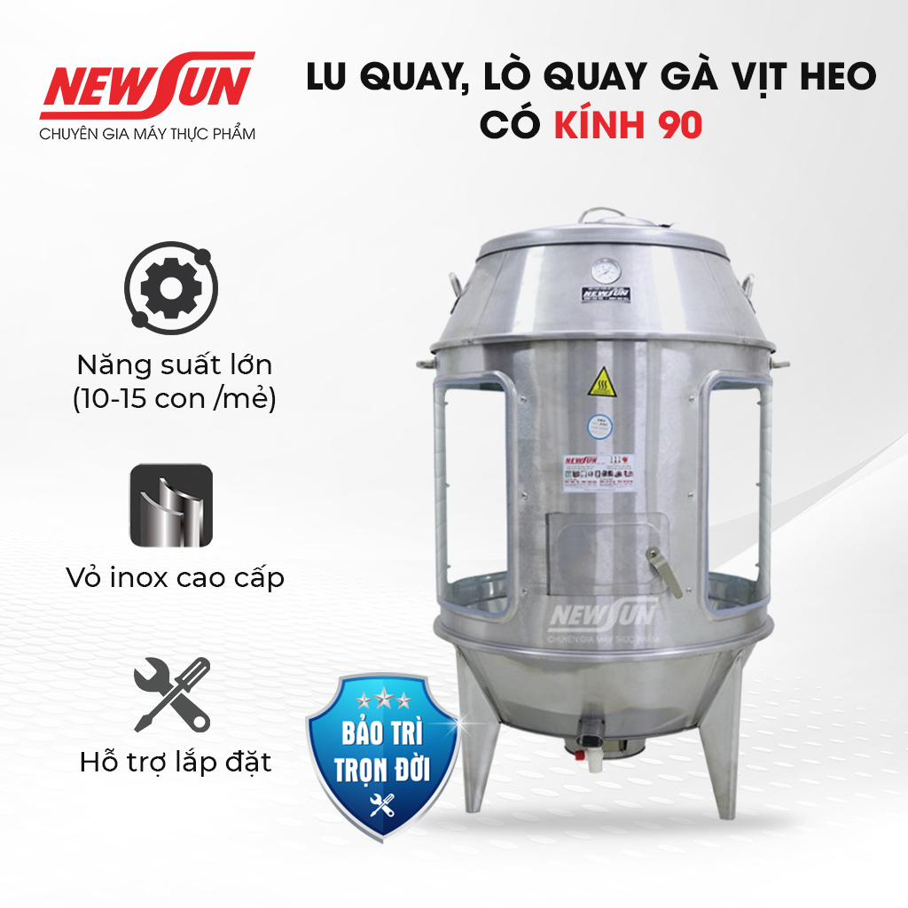 Lò quay gà vịt than có kính NEWSUN phi 90 - Hàng chính hãng   - Tặng 15 móc, 15 xiên lu quay gà vịt - Bảo hành 12 tháng