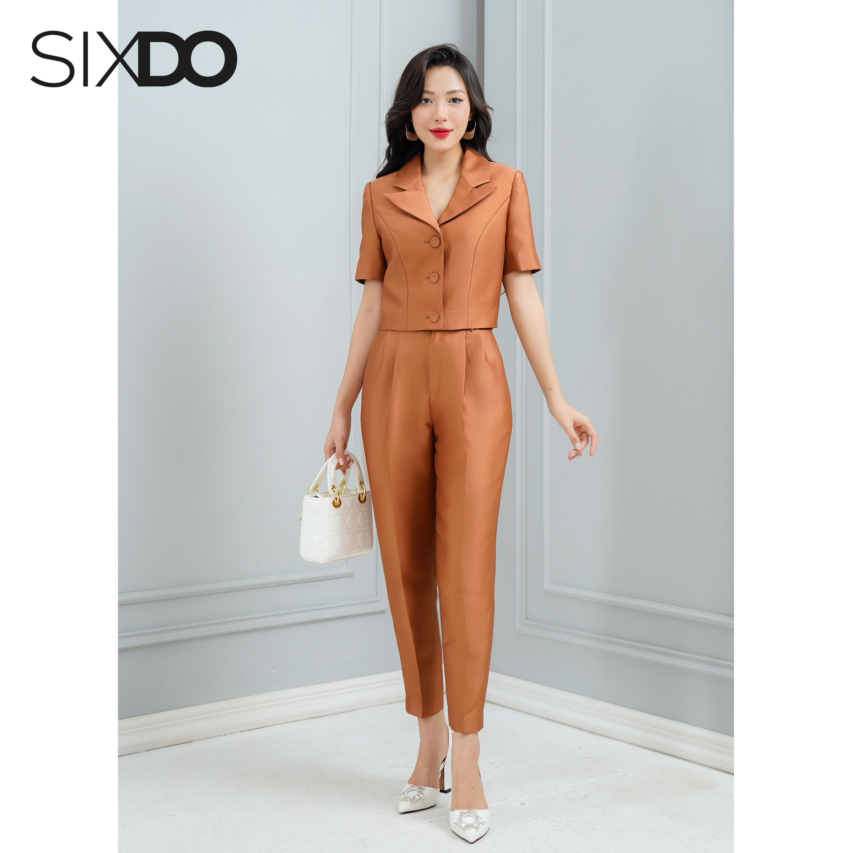Áo Vest nữ taffeta dáng lửng SIXDO (Brown Cropped Taffeta Vest)
