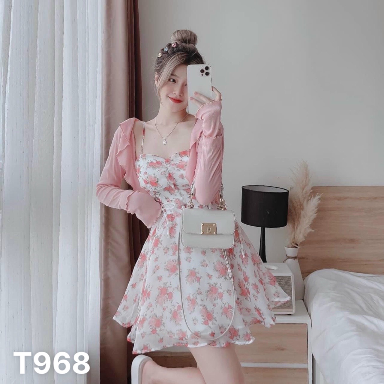 Đầm voan hoa 2 dây dáng xoè kèm áo khoác gân nữ nhẹ chất liệu chingfon mềm mại T968