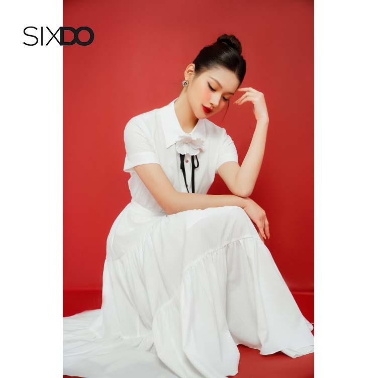 Đầm sơ mi trắng SIXDO (White Midi Woven Dress With Flower)