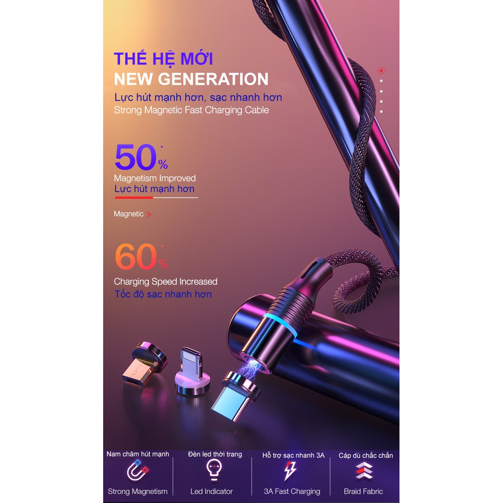 Sạc Nam châm 3 đầu Iphone/ micro USB/ Type C xoay 360 độ dây dù