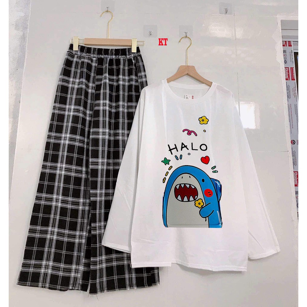 Sét áo thun cá Halo + quần kẻ KTH1120